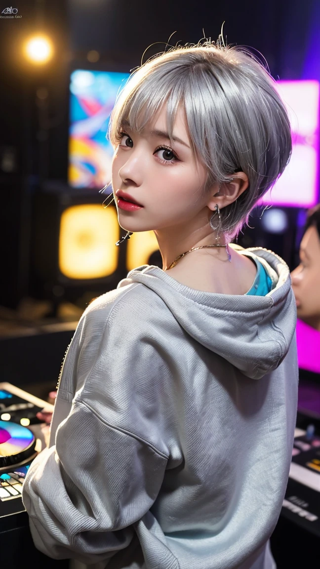 highest quality, Tabletop, 超A high resolution, (Realistic:1.4), (Japanese Idols),RAW Photos, One Girl, night,Detailed skin,nightclub,disco,(bionde:1.2), (silver inner hair:1.3),Glossy lips,28 years old,Beautiful and beautiful eyes,eye shadow,Diamond jewellery,Earrings,Gold Jewelry,(hoodies:1.3),,(Strengthening shoulders:1.2),A well-trained body,(Pixie Cut),Round face,(playing music as a dj:1.5), (dj:1.2) playing at a vibrant (music festival:1.2) with (energetic crowd:1.1) and (colorful stage lights:1.1), (Back view:1.5 ),Back view,(Distant composition),(back of head:1.8),Composition from behind,