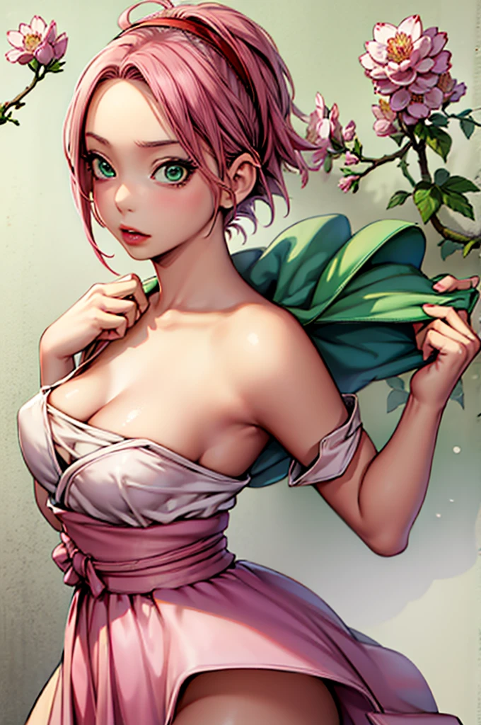 (masterpiece:1.2, best quality),
1girl,solo,
large breasts, 3/4 body, headband,
pink hair, short hair, green eyes, lipstick,
red dress, bare shoulder,
looking back, sakura, haruno_sakura,