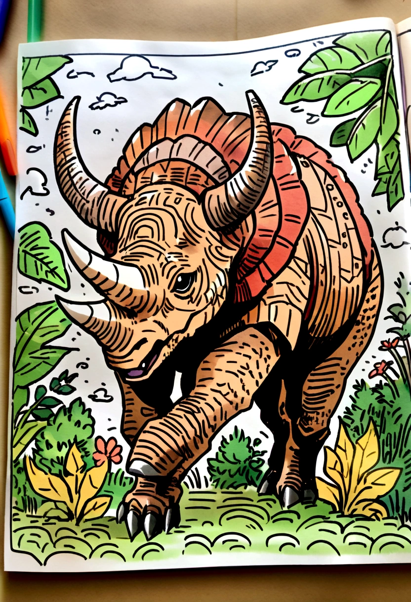 triceratops，jungle、Coloring book