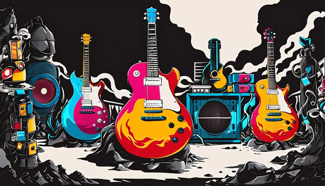 Masterpiece; Guitars and drums in a small science lab(((frascos de experiencias))), complete with speakers and glass flasks of chemistry, embody the resilience and tenacity of the scientific community, infused with a bold graphic allure that enlivens the spirit of science. The design penetrates layers of depth, integrating the raw essence and vibrant cores of Rio de Janeiro culture. Brushstrokes that incorporate the fluid energy of graffiti on guitars and acoustic guitars weave around dynamic geometric shapes, adorning the laboratories with an evocative masterpiece that speaks to the heart of the intersection between two diverse worlds. Majestically rendered in high definition and vibrant color, every detail bursts with life, inviting viewers to marvel at the beauty that; by Monet