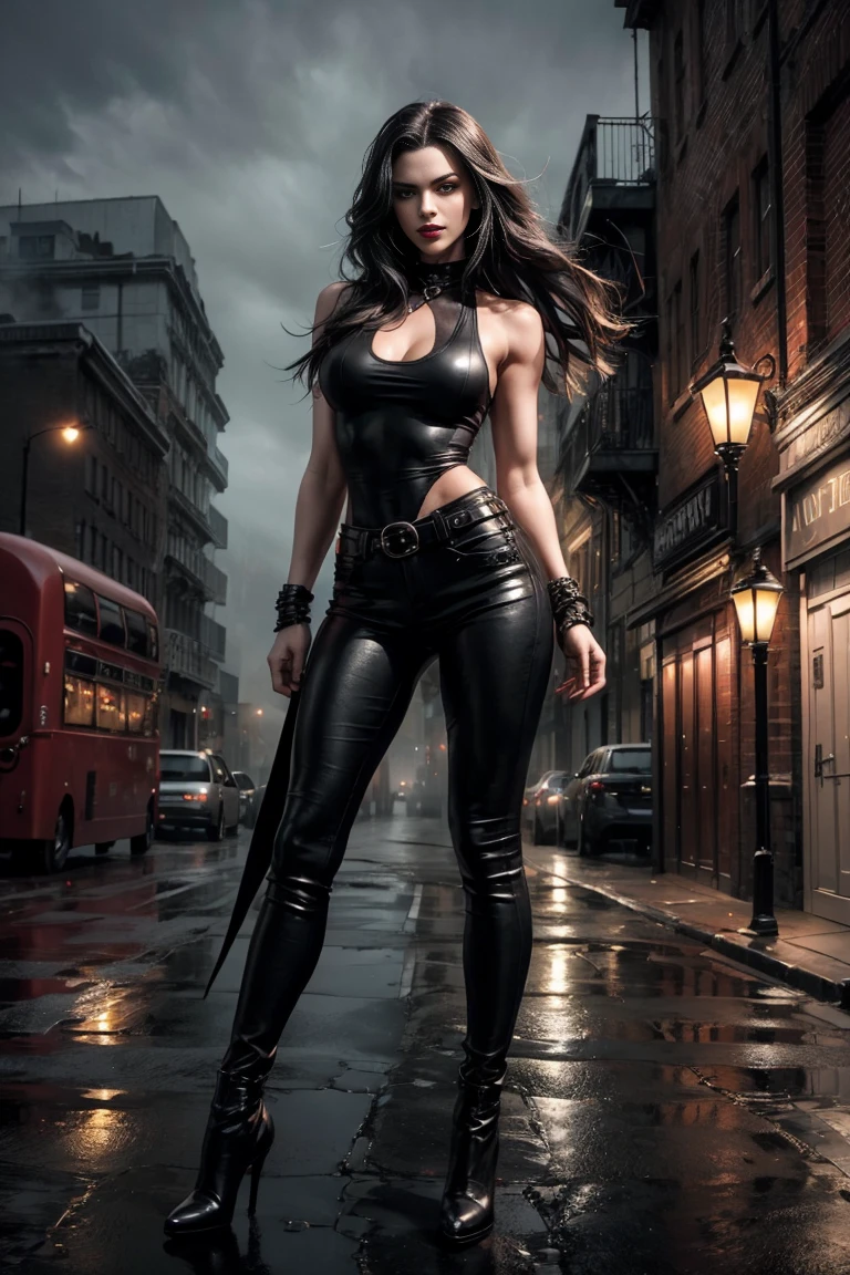 Full body shot a beautiful 25 years old British female vampire, long black hair, green eyes, red lips, muscular body, tight black sleeveless tank top with a deep neckline and black leather tight pants, mid-thigh black leather boots with bird heels view from front, waist up shot, dynamic pose, dark gloomy foggy night in victorian era london, desolate deserted street scene, epic mood, dark shadows, fog, rain, lightning, background foggy, eerie shadow detailed high resolution digital photo