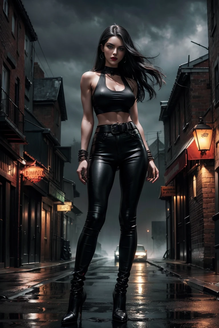 Full body shot a beautiful 25 years old British female vampire, long black hair, green eyes, red lips, muscular body, tight black sleeveless tank top with a deep neckline and black leather tight pants, mid-thigh black leather boots with bird heels view from front, waist up shot, dynamic pose, dark gloomy foggy night in victorian era london, desolate deserted street scene, epic mood, dark shadows, fog, rain, lightning, background foggy, eerie shadow detailed high resolution digital photo