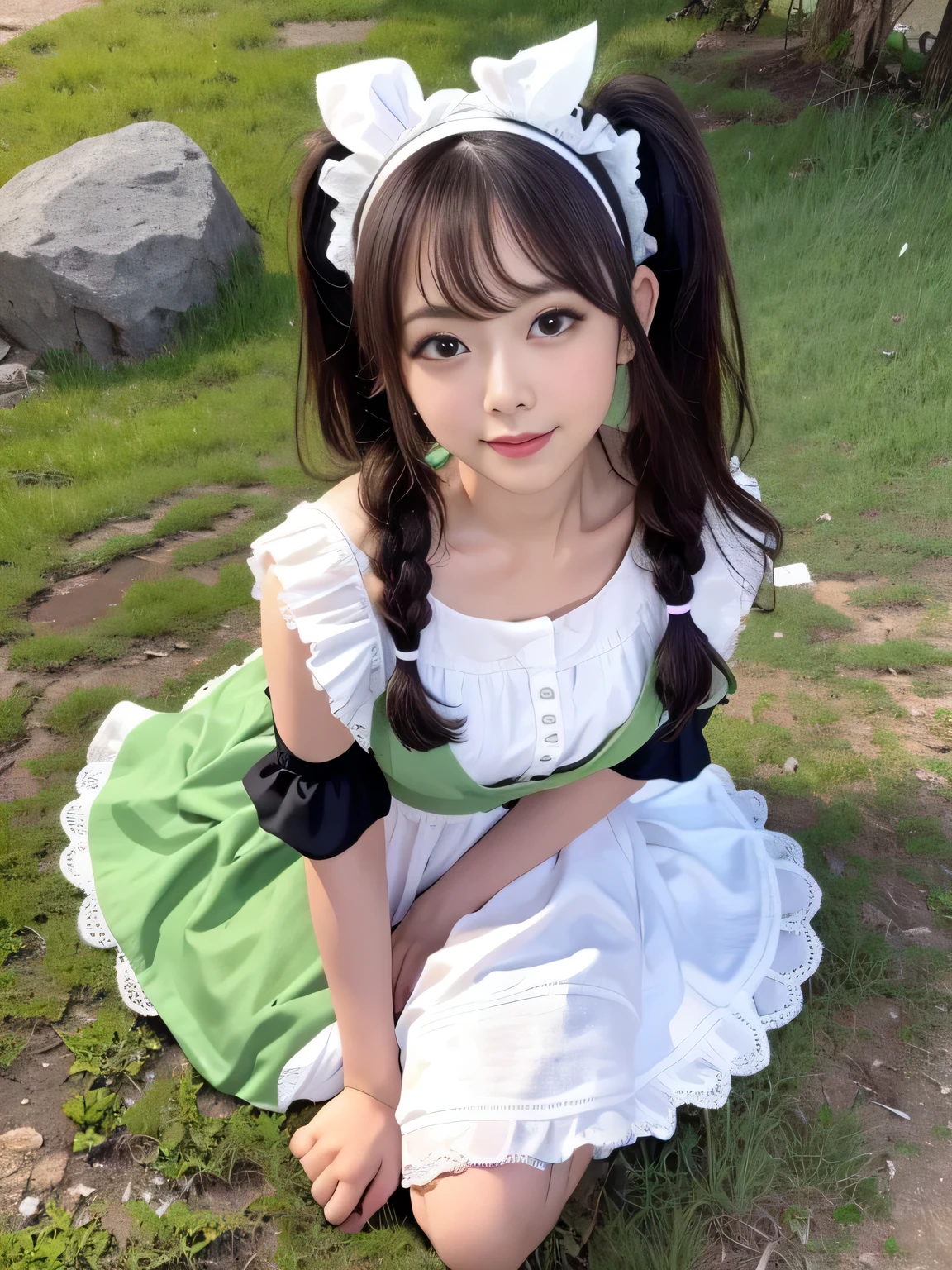 Tabletop, Highest quality, shape, Very detailed, In detail, High resolution, 8k wallpaper, Perfect dynamic composition, ((close:1.3, From above, View your audience)), Beautiful details , (Wearing cotton maid clothes, , Cute Ruffle Girl Dress, Maid's headband, The base color is white、black、green),Twin tails

