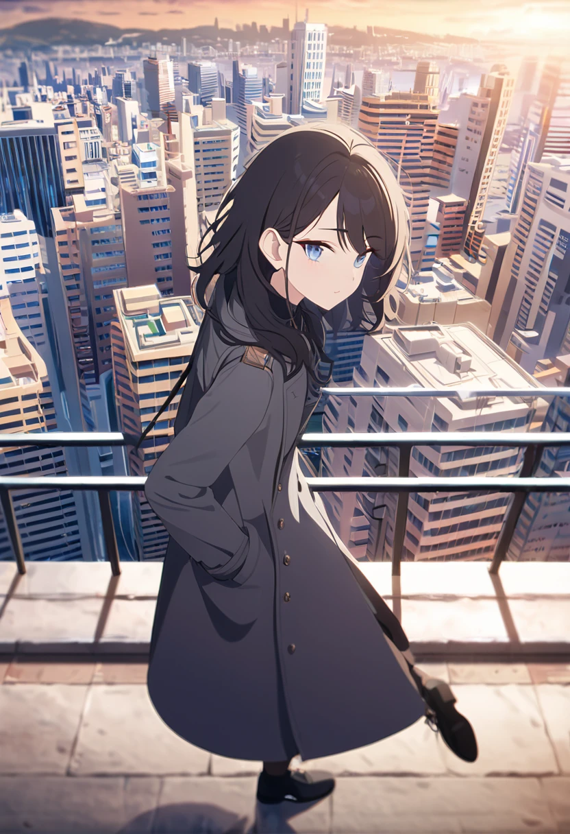 masterpiece,depth of field,8K,looking at the viewer,Grey coat,sky을 올려다 보고 있는,black leather shoes,black hair,blue eyes,city,afternoon,sky,