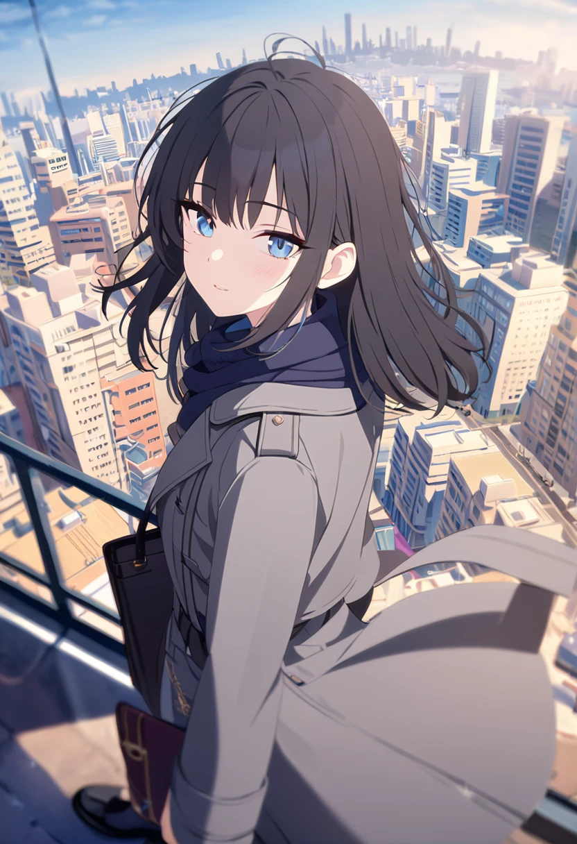 masterpiece,depth of field,8K,looking at the viewer,Grey coat,sky을 올려다 보고 있는,black leather shoes,black hair,blue eyes,city,afternoon,sky,