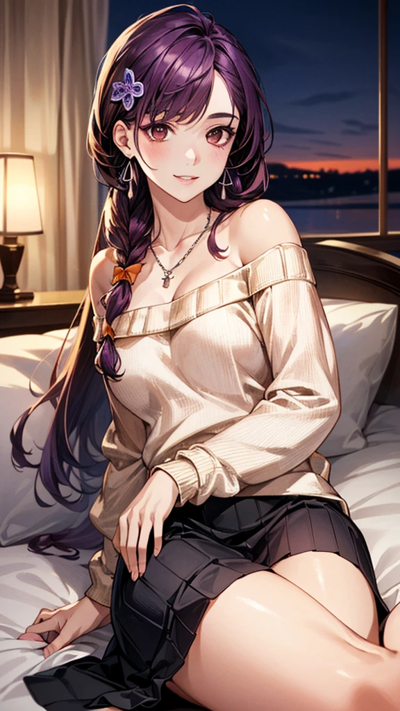 (masterpiece:1.3, Highest quality, Ultra-high resolution:1.2, Super detailed、8K), (Realistic, photoRealistic:1.4), Beautiful illustrations, Perfect lighting, colorful, Depth of written boundary, Beautiful detailed hair, Beautifully detailed face, Beautiful fine details, Droopy eyes、Beautiful clavicle, Beautiful body, 美しいLarge Breasts, Beautiful thighs, Beautiful feet, Beautiful fingers, View Viewer、Front view:0.6, Beauty1人, Japanese, Beauty、30 years old, Perfect Face, (Perfect Anatomy, Anatomically correct), Cute and symmetrical face, Baby Face, , Shiny skin,(Orange off-shoulder knit sweater:1.4), (Long skirt:1.4) 、(deep purple hair, Ribbon hair ornament、Medium Straight Hair:1.4), braided bangs、Dark brown eyes, (Large Breasts, Slim body), necklace, Small earrings:1.1, (Beautiful views), (night),( A luxury hotel room),((Lying in bed)), Sexy pose、A soft smile、(Smile, Lips parted),