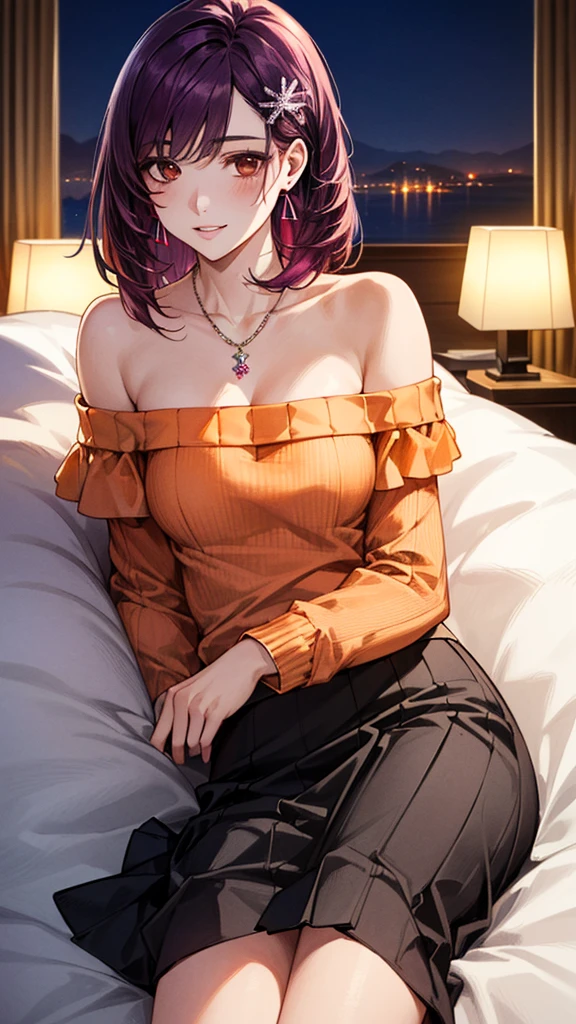 (masterpiece:1.3, Highest quality, Ultra-high resolution:1.2, Super detailed、8K), (Realistic, photoRealistic:1.4), Beautiful illustrations, Perfect lighting, colorful, Depth of written boundary, Beautiful detailed hair, Beautifully detailed face, Beautiful fine details, Droopy eyes、Beautiful clavicle, Beautiful body, 美しいLarge Breasts, Beautiful thighs, Beautiful feet, Beautiful fingers, View Viewer、Front view:0.6, Beauty1人, Japanese, Beauty、30 years old, Perfect Face, (Perfect Anatomy, Anatomically correct), Cute and symmetrical face, Baby Face, , Shiny skin,(Orange off-shoulder knit sweater:1.4), (Long skirt:1.4) 、(deep purple hair, Ribbon hair ornament、Medium Straight Hair:1.4), braided bangs、Dark brown eyes, (Large Breasts, Slim body), necklace, Small earrings:1.1, (Beautiful views), (night),( A luxury hotel room),((Lying in bed)), Sexy pose、A soft smile、(Smile, Lips parted),