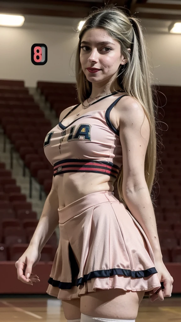  (masterpiece, perfect eyes, photorealistic, intricate details, hi-res, 8k) portrait of girl standing at a basket ball game on court, soft even lighting, 20 years old, beautiful woman, looking at viewer, full body view, dark brown eyes, very pale blond hair,  ((shiny pink and silver skirt and shirt)), (dress as a cheerleader) . high thigh stockings with belts and garter, top shows  a nice cleavage, small perky breasts, sexy pose, (lots of ghetto tattoos all over her arms and legs and chest and stomach), wide hips, large thighs gap, very small shoulders, twintails, shy smile, red lipstick, shy smile,  navel piercing, jewelry, bracelets, Quick Catliner, cute eye liner, thin, red lipstick, 