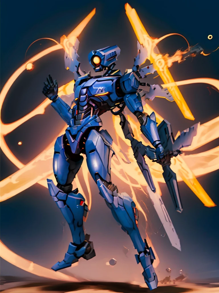 V1, blue robot, detailed, sliding, holding revolver, coin in air, gunshot, ricochet using coin, hell, solo, slim, aggressive, slim body