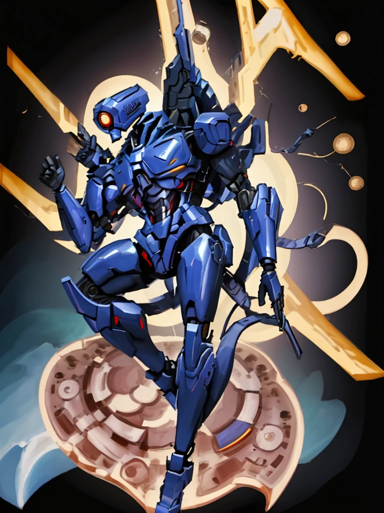 V1, blue robot, detailed, sliding, holding revolver, coin in air, gunshot, ricochet using coin, hell, solo, slim, aggressive, slim body