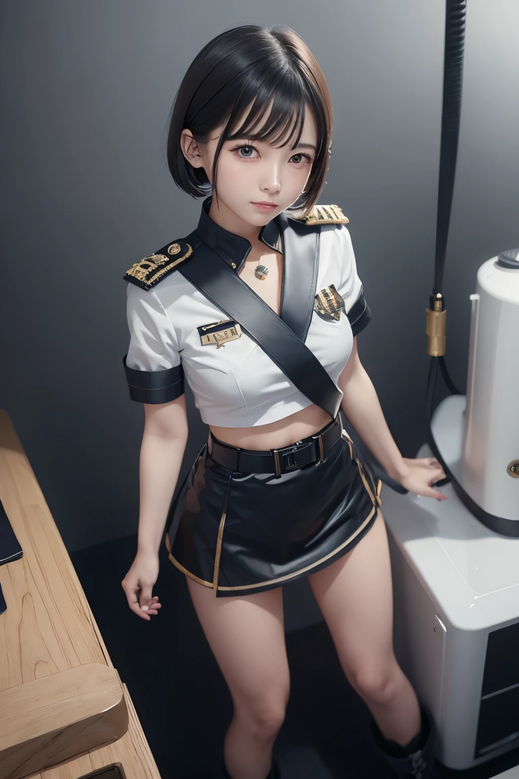 ((masterpiece))、((Top image quality))、((Top image quality))、saluting、(Illustration of one girl)、(Cool)、A slender、Crouch Pose、full body Esbian、25-years old、neuter、a blond、short-haired、Green eyes、((Long body))、((Muscular and strong body))、Navel、cleavage of the breast、((Muscular and strong body))、((Military uniforms))、((Military Cap))、((Military coat))、(white clothes)、(White pants)、(White cap)、trench coat、((Inside the spaceship))、(Outside the window、kosmos、Earth seen from space、Spaceport)
