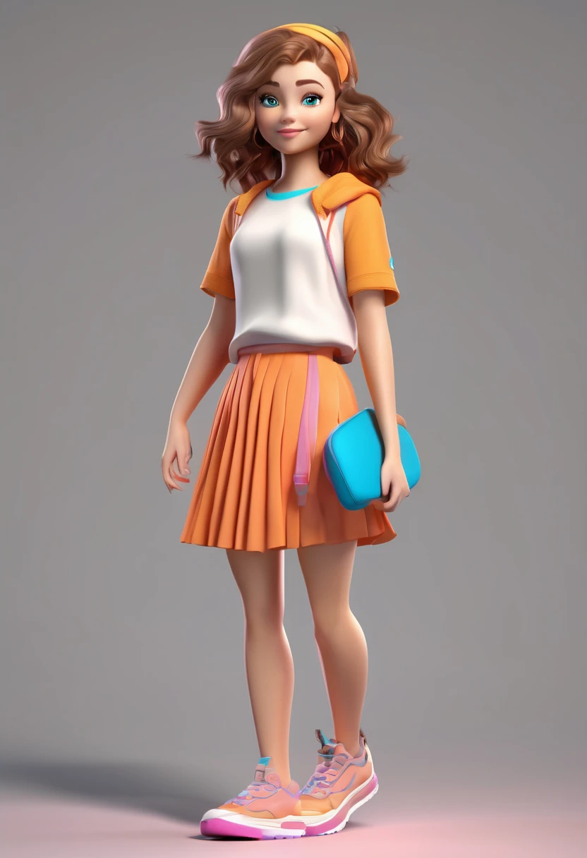 A young 3D female character, is fair skinned and blue eyes with wavy light brown hair that falls over her shoulders. She wears a vibrant orange skirt and pink high-top sneakers., that highlight your cool and modern style.