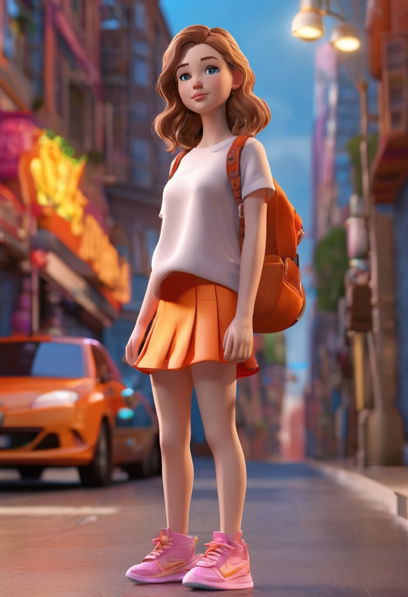 A young 3D female character, is fair skinned and blue eyes with wavy light brown hair that falls over her shoulders. She wears a vibrant orange skirt and pink high-top sneakers., that highlight your cool and modern style.