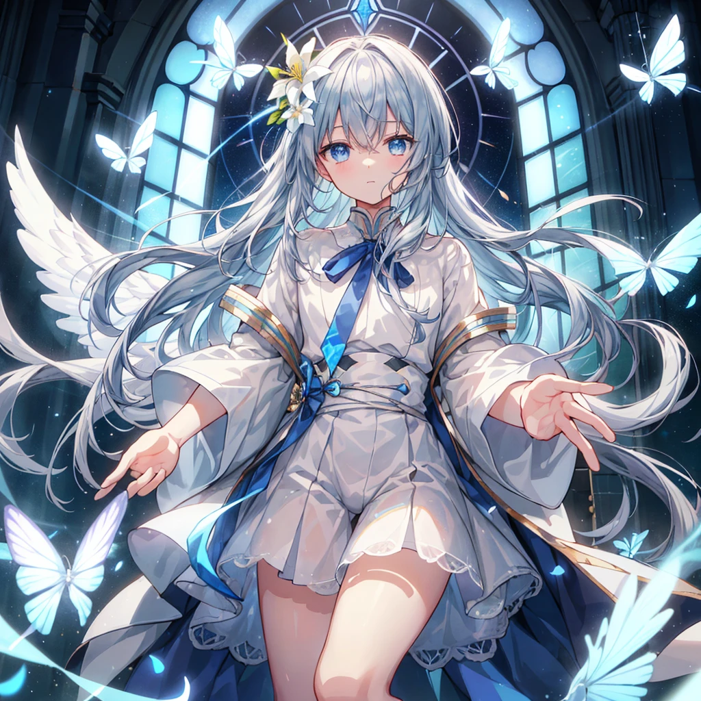 highest quality、detailed face、detailed costumes、detailed background、man solo、age boy、Masseter muscle part、long gray hair、horizontal hair、light blue eyes、watch here、look down、close your mouth、golden ratio face、full body esbian、8K high resolution、highest quality、Two pairs of angel wings sprouting from his back、light blue petals、light leak blur effect、particles of light、White shorts、white shorts、White collar short sleeve shirt、light blue ribbon、White Lily、Drawn eyes、fine eyes、delicate fingers and hands、Inner part of a cathedral、stained glass window、illuminated by a spotlight、god々New、Light blue butterfly、dream-like、delicate hair