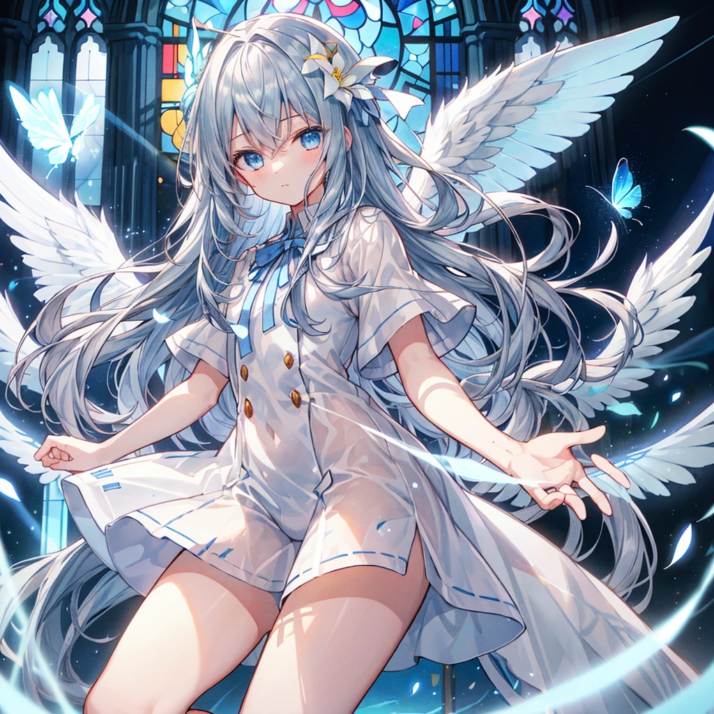 highest quality、detailed face、detailed costumes、detailed background、man solo、teenage boy、Masseter muscle part、long gray hair、horizontal hair、light blue eyes、watch here、look down、close your mouth、golden ratio face、full body esbian、8K high resolution、highest quality、Two pairs of angel wings sprouting from his back、light blue petals、light leak blur effect、particles of light、White shorts、white shorts、White collar short sleeve shirt、light blue ribbon、White Lily、Drawn eyes、fine eyes、delicate fingers and hands、Inner part of a cathedral、stained glass window、illuminated by a spotlight、god々New、Light blue butterfly、dream-like、delicate hair