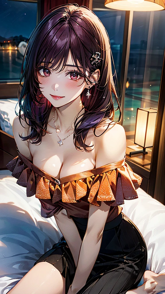 (masterpiece:1.3, Highest quality, Ultra-high resolution：1.2, Super detailed、8K), (Realistic, photoRealistic:1.4), Beautiful illustrations, Perfect lighting, colorful, Depth of written boundary, Beautiful detailed hair, Beautifully detailed face, Beautiful fine details, Droopy eyes、Beautiful clavicle, Beautiful body, 美しいLarge Breasts, Beautiful thighs, Beautiful feet, Beautiful fingers, View Viewer、Front view:0.6, Beauty1人, Japanese, Beauty、30 years old, Perfect Face, (Perfect Anatomy, Anatomically correct), Cute and symmetrical face, , , Shiny skin,(Orange off-the-shoulder knit:1.4), (Long skirt:1.4) 、(deep purple hair, Ribbon hair ornament、Medium Straight Hair:1.4), braided bangs、Dark brown eyes, (Large Breasts, Slim body), necklace, Small earrings:1.1, (Beautiful views), (night),( A luxury hotel room),((Lying in bed)), Sexy pose、A soft smile、(Smile, Lips parted),