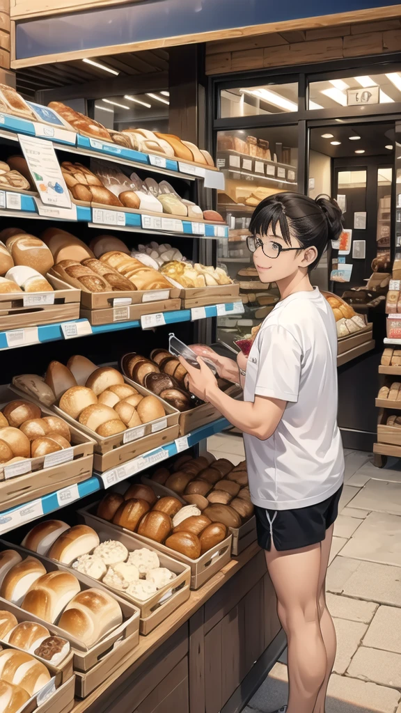 In front of the shop, bread, glasses of milk, various snacks on the table. 