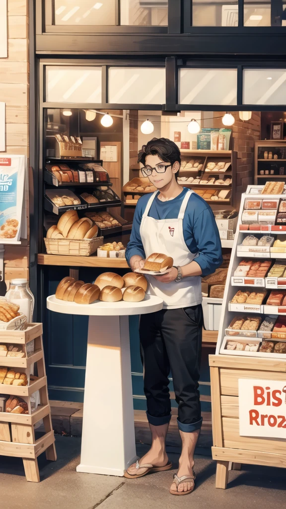 In front of the shop, bread, glasses of milk, various snacks on the table.