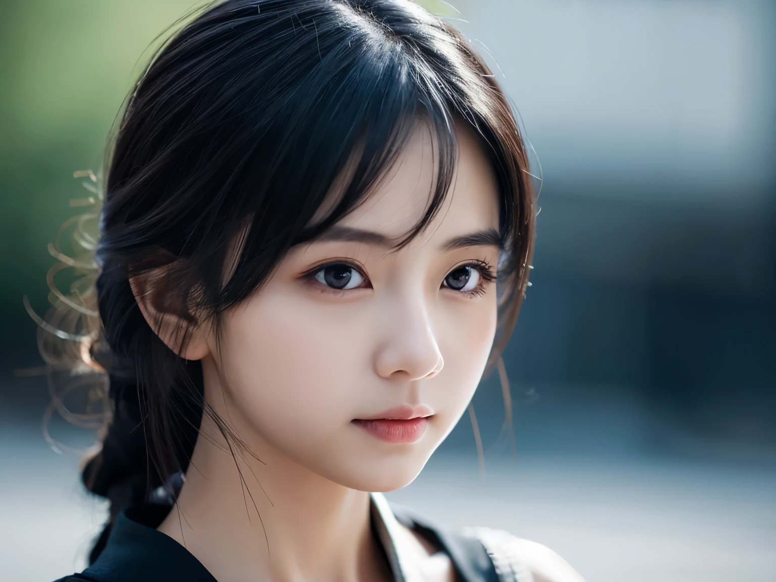 1girl,full body,extremely detailed face, beautiful detailed eyes,light on face,cinematic lighting,looking at viewer,outdoors,Black hair,(balck Chinese architecture:0.05),hanfu,