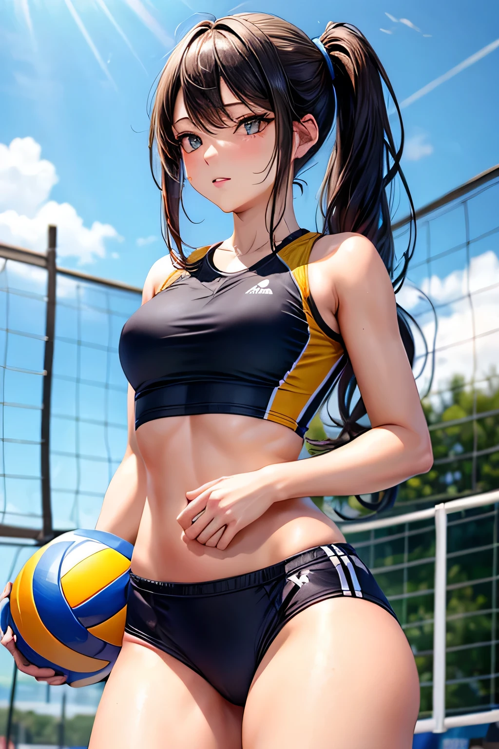sexy girl in sport volleyball outfit with small breasts and