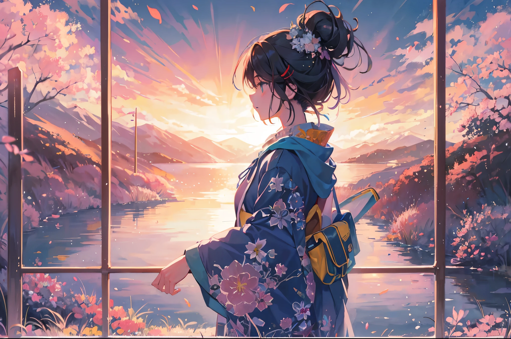 Created exquisite illustrations reminiscent of Makoto Shinkai's style, Features extremely fine detail and top quality. Create high-quality illustrations that capture the enchanting beauty of mornings as diamond dust reflects the first rays of dawn. In this scene、Beautiful girl in kimono enchanted by this enchanting sight Contribution to the breathtaking scenery. Infuses the entire artwork with a fantastic and complex atmosphere, A high-quality illustration that expresses the fantastic moment when diamond dust sparkles in the morning sun..