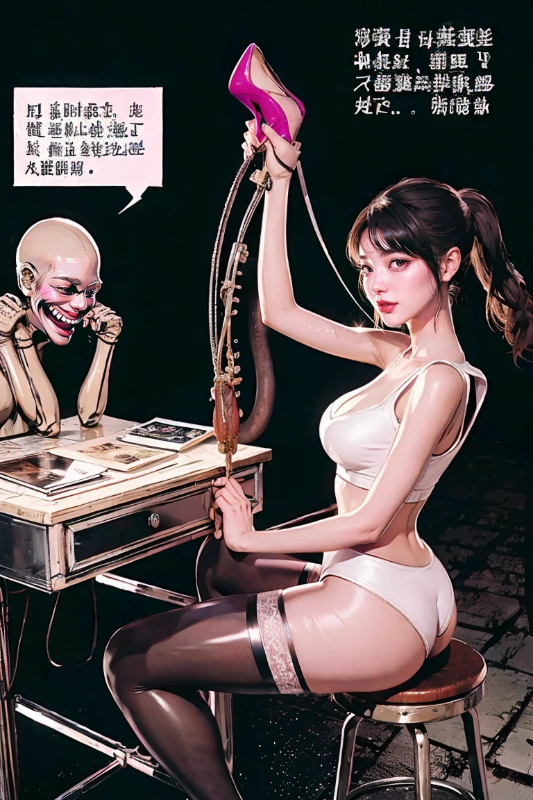 The beautiful girl in lace top and leggings is sitting astride a pile of skeletons in the center of the picture. She is holding a trembling sausage with juice squeezed out in her hand and smiling. There are multiple comic storyboards in the background，cbt, sausage bondage,sausage insertion,Sexy, trampling sausage with high heels heel,(masterpiece, best quality:1.2)，1 beautiful girl,sexy，comic storyboard:2, leggings, sit astride, axially symmetrical:2, ,femdom，sounding，cbt，hold，smile，colorful，leggings，thin gap，cameltoe，insertion，trembling，juice，spray， Long hair,Lace top,Sexy, Shiny leggings, High heel，cleveage, trampling, in forest, saliva , Mucus