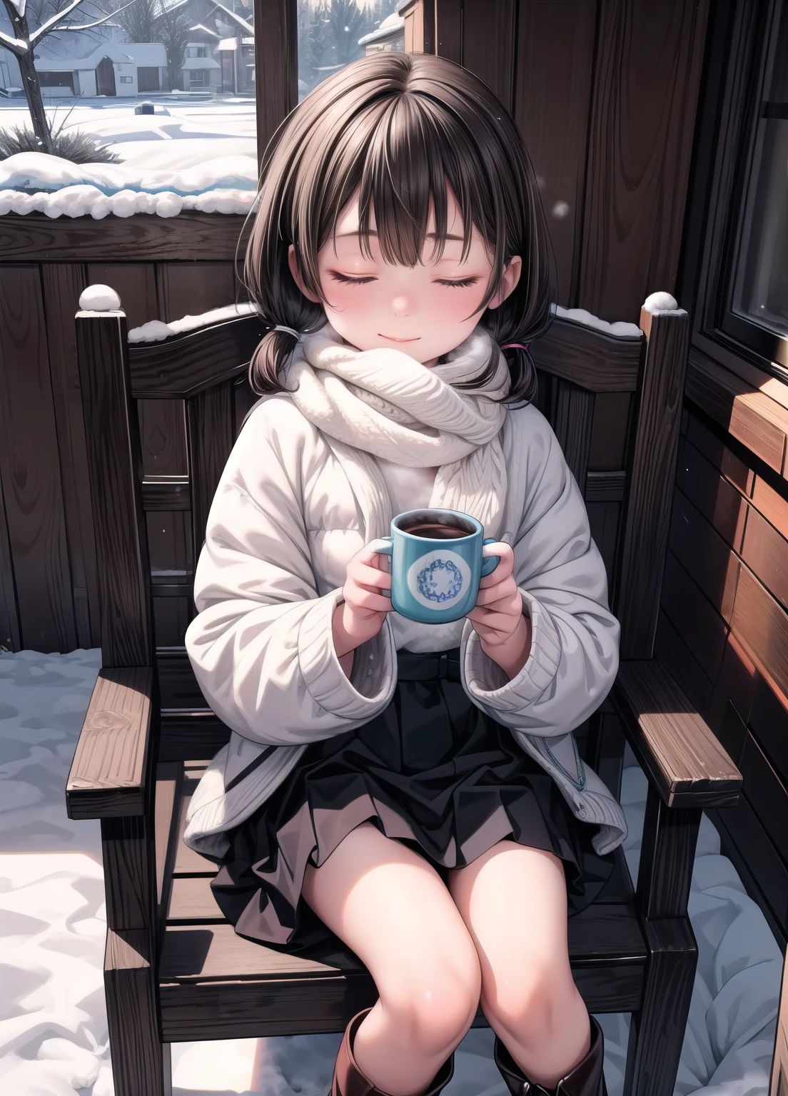 (masterpiece、Highest quality、Highest quality、Official Art、Beautiful and beautiful:1.2)、(One girl:1.3)Hatsune Miku、Twin tails,Beautiful breasts,(Highest quality,4K,8K,High resolution,masterpiece:1.2), Super detailed, (Deformed, Realistic, Photorealistic:1.3), One Girl, 12 years old, cute, cute, The kids, small, Fluffy bob cut brown hair, Sleep, close your eyes, Happy, sleepy, cold, Fluffy white scarf, Fluffy brown fur, Black Skirt, Long Black Tights, Fluffy brown boots, Sitting on a wooden chair, Holding the mug with both hands, Hot drinks, Inside a wooden house, winter.