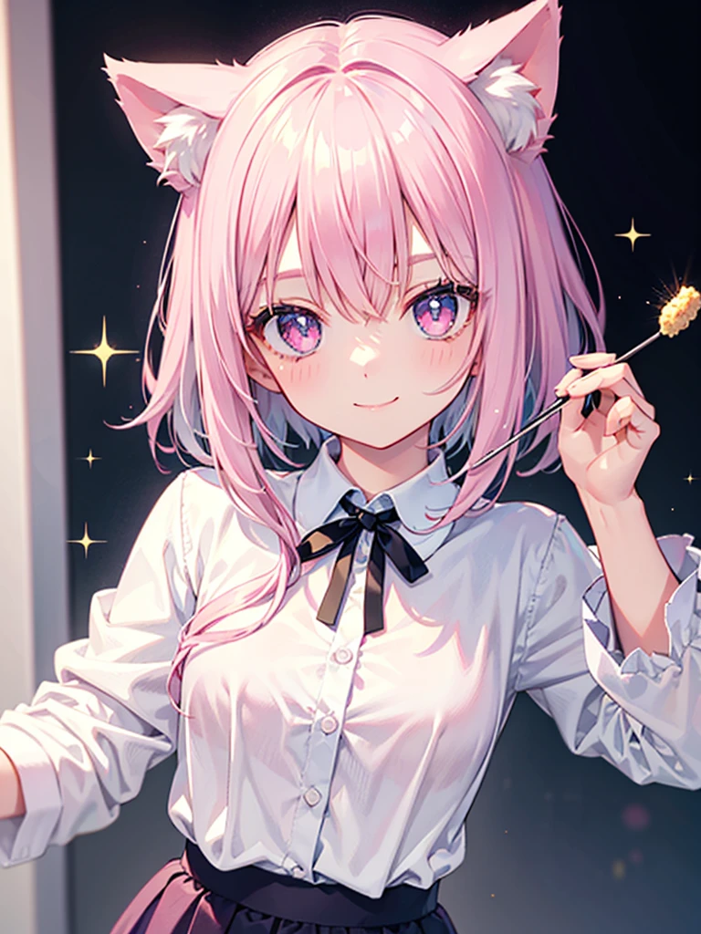 Highly detailed face,fine grain,Sparkling eyes,Highlighted eyes,Medium chest,pretty girl,smile,Cat ear, eat big rice ball ,Beautiful silver hair,Pink inside,Beautiful pink eyes,Oversized shirt,skirt,