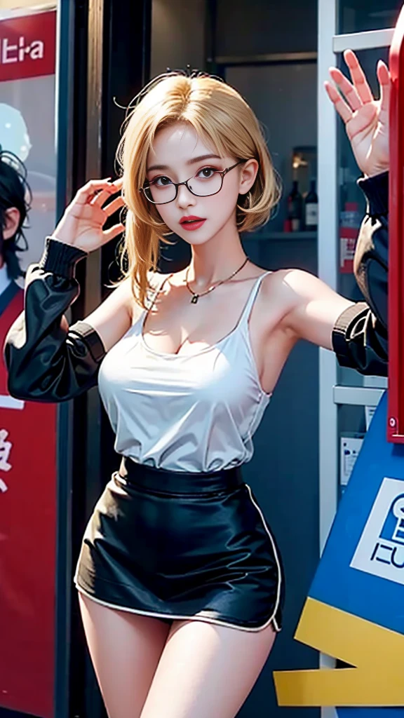Be a cute woman,Blonde,Wear glasses,very big breasts,topless,Wear a short skirt,red eyes
