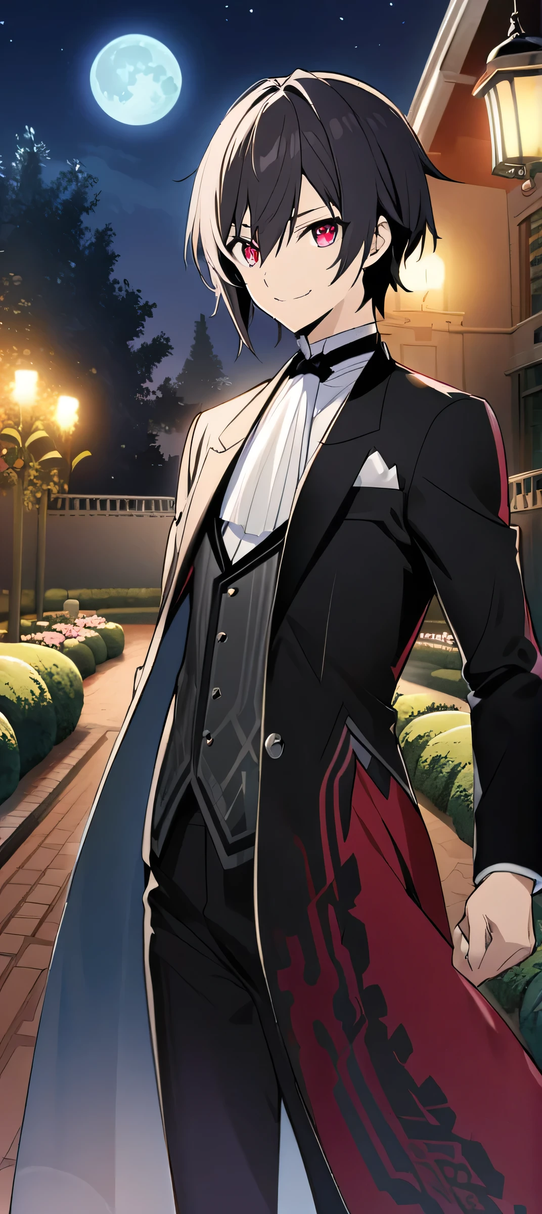 Keqing \(AKB0048 Next Stage\), (short hair), (black hair), (ruby red eyes):1.2, (male), (butler uniform), (long coat), ((smiling gently)), ((ultra-detailed)), ((illustration)), ((neat hair)), (beautiful detailed eyes), (male), (1boy), (standing), ((garden, night, moon)), looking at viewer