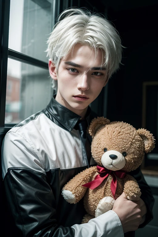 Boy with white hair, white and black eye, black and red gothic outfit, hugging a teddy bear