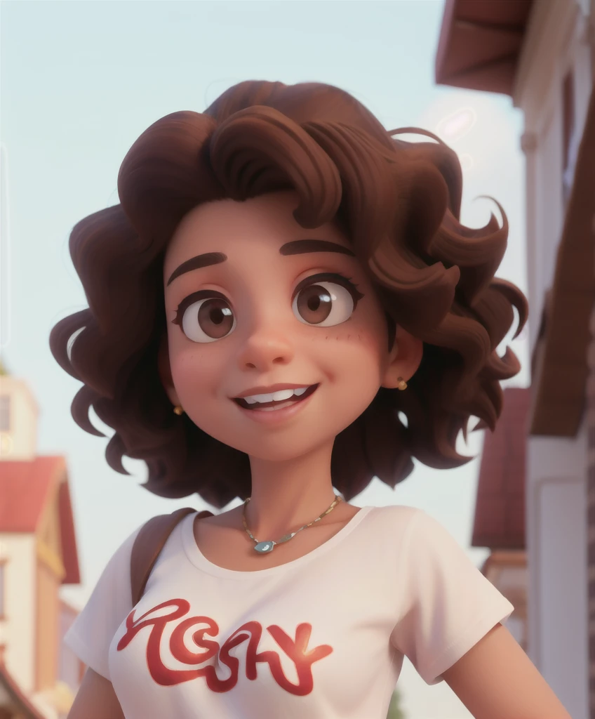 disney pixar style, 3d realistic photo, 40 year old woman, light brown skin, curly dark brown shoulder length hair, black eyes, happy facial expression, with white shirt written in red "Rizan Store", jeans and red shoes