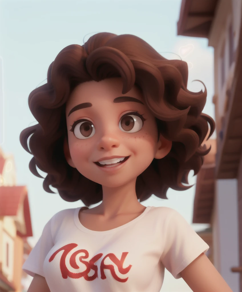 disney pixar style, 3d realistic photo, 40 year old woman, light brown skin, curly dark brown shoulder length hair, black eyes, happy facial expression, with white shirt written in red "Rizan Store", jeans and red shoes