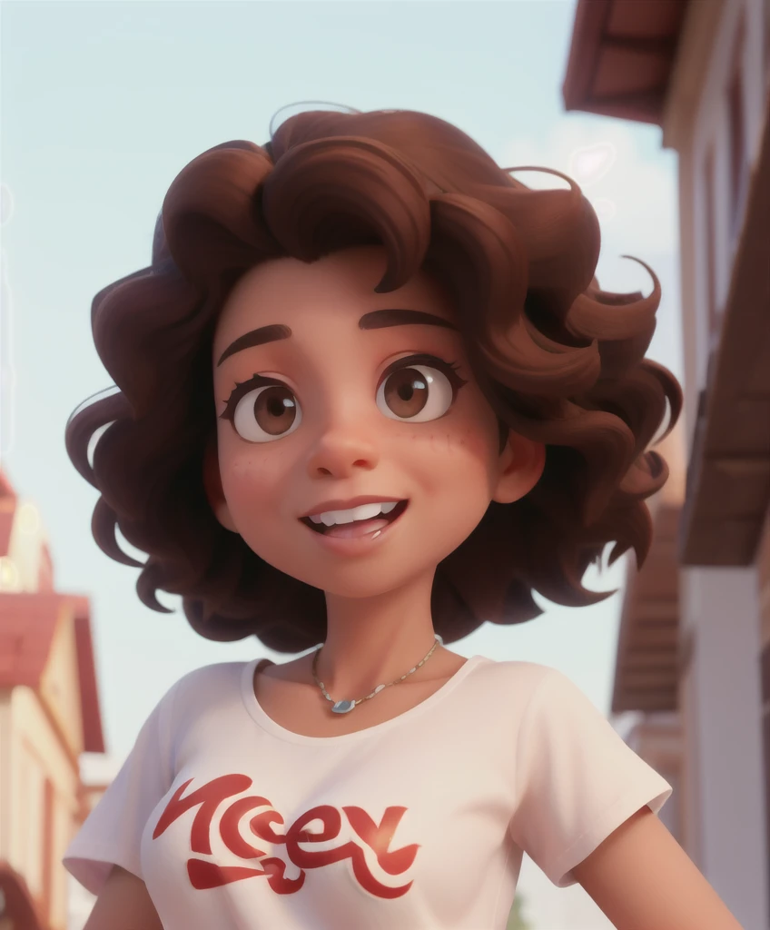 disney pixar style, 3d realistic photo, 40 year old woman, light brown skin, curly dark brown shoulder length hair, black eyes, happy facial expression, with white shirt written in red "Rizan Store", jeans and red shoes