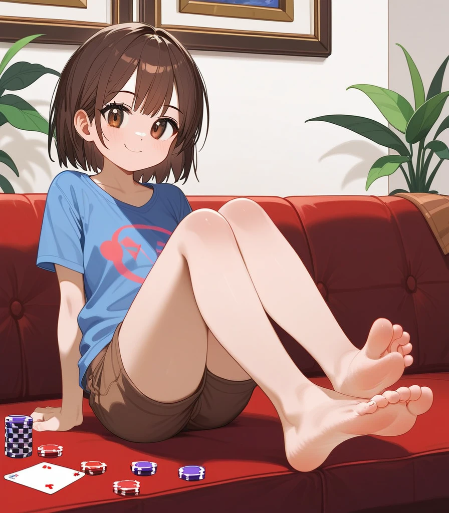 Fraction_9,Fraction_8_direction_7_up, Frisk from Undertale , Poker face, Brown shorts, Sitting on the sofa, In the living room, Cross your legs, barefoot, 5 toes, paw