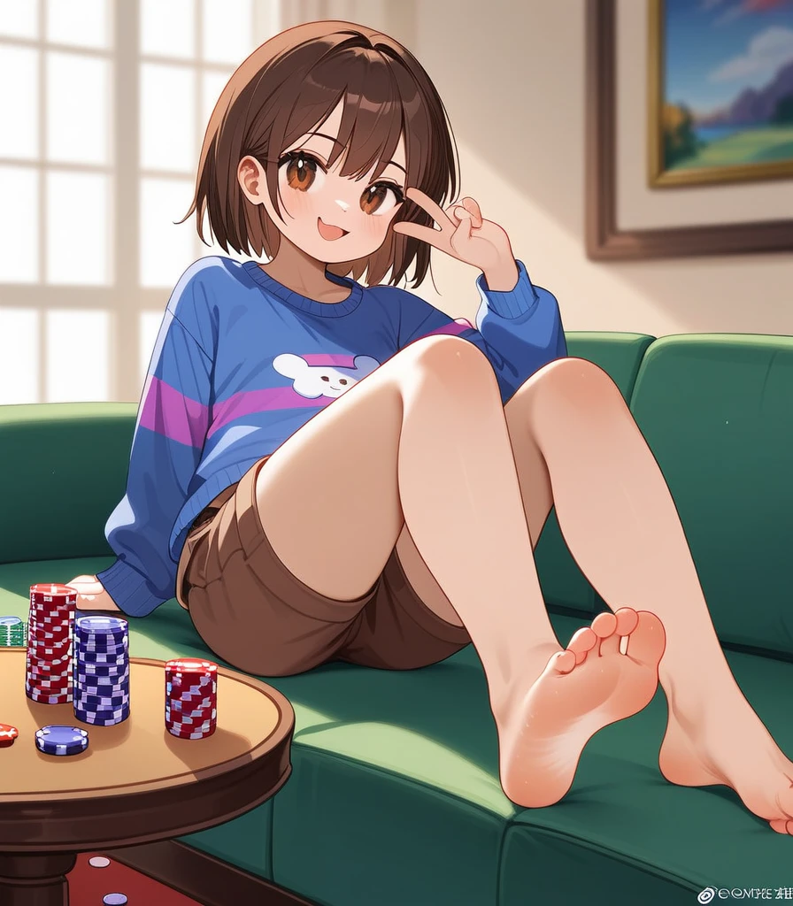 Fraction_9,Fraction_8_direction_7_up, Frisk from Undertale , Poker face, Brown shorts, Sitting on the sofa, In the living room, Cross your legs, barefoot, 5 toes, paw