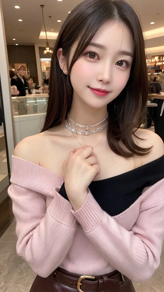 1 person、In detail, High resolution, Highest quality、Beautiful fine details, long hair, Natural color lip、Clear Skin、Shiny Hair、Tabletop, Super detailed, In detail, High resolution, 8K、Cute pose,Beautiful feet,Perfect beautiful face,KPOP idol faces,Ecstatic face、Cute face,leather skirt、pink off shoulder sweater、smile、Shopping mall、belt、Seduce、Close-up of face、Upper Body、Show off your cleavage、choker、bag