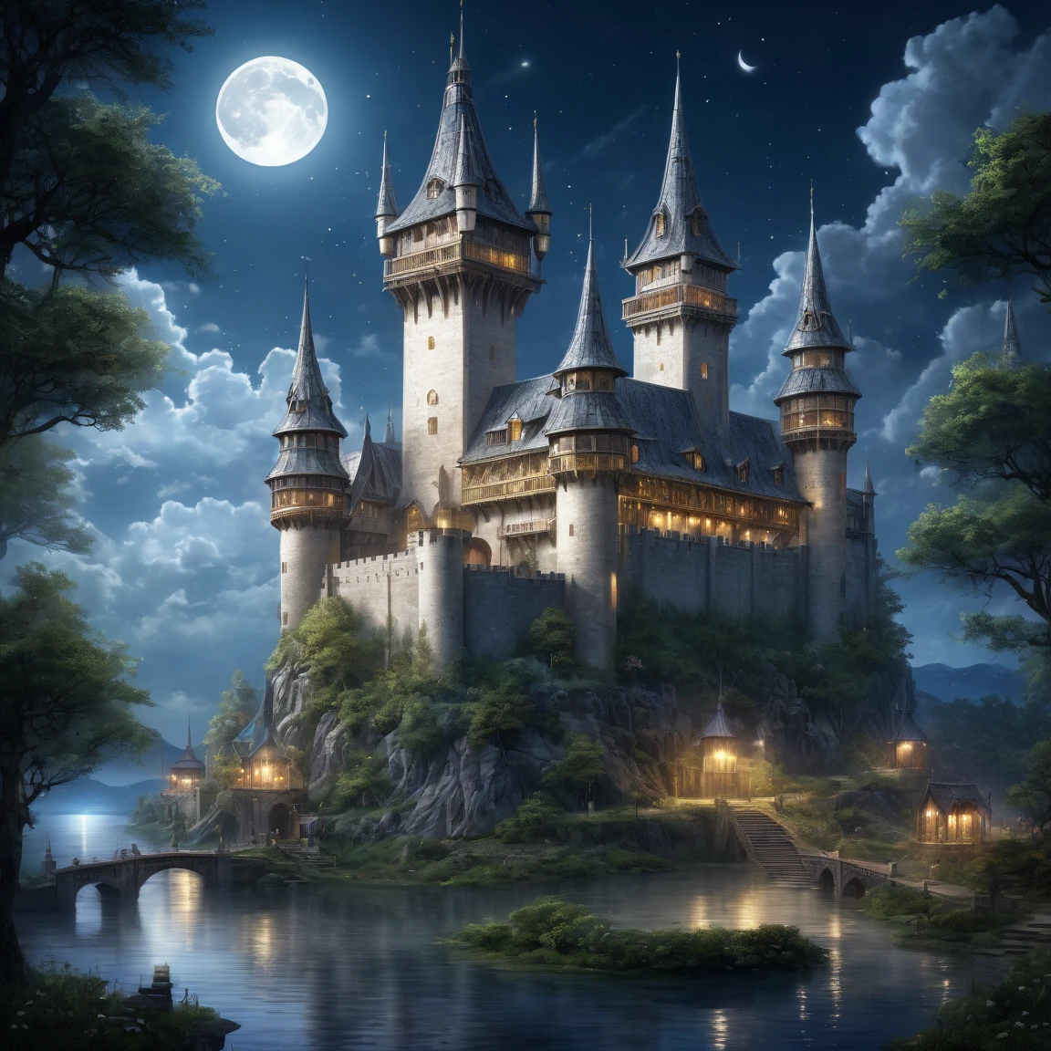 (best quality)), ((masterpiece)), ((realistic,digital art)), (super detailed), (gigantic academy with very delicate mother-of-pearl towers under moonlight), (medieval fantasy style), magicians tower