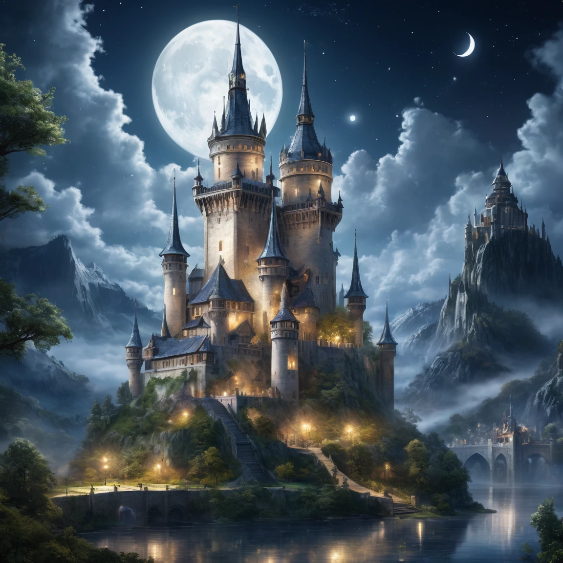 (best quality)), ((masterpiece)), ((realistic,digital art)), (super detailed), (gigantic academy with very delicate mother-of-pearl towers under moonlight), (medieval fantasy style), magicians tower