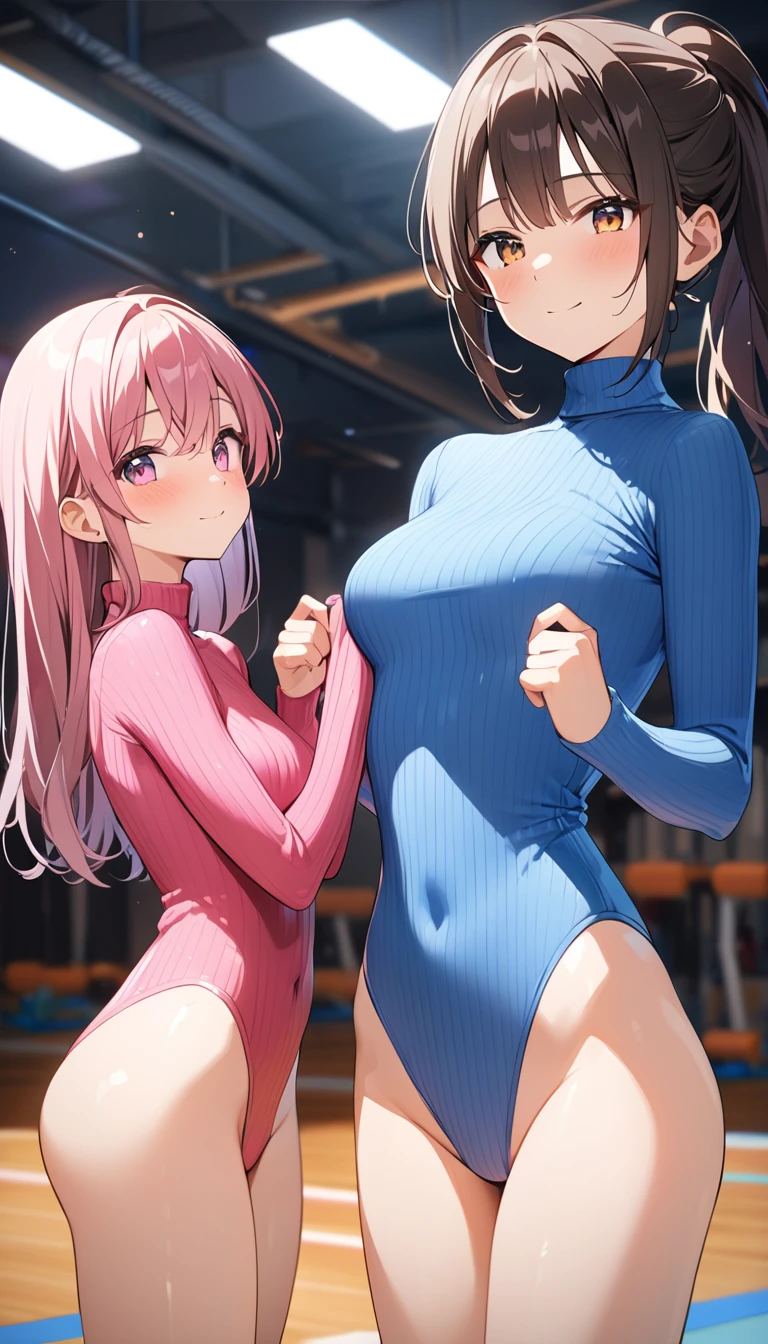 highquality illustration, masterpiece, very delicate and beautiful, attractive girl,(colorful leotard, heattech leotard,tight leotard,long_sleeve leotard,ribbed leotard,high_leg leotard,turtleneck leotard), thin,slender body,slim,gymnastics club,2 girls,gymnastics athlete,bare legs,gymnasium background,beautiful eyes, light smile,(masterpiece, best quality:1.2), highres, extremely detailed CG unity 8k wallpaper, perfect lighting, Colourful, ultra-high res,4K,ultra-detailed, photography, 8K, HDR,  17 ages, 