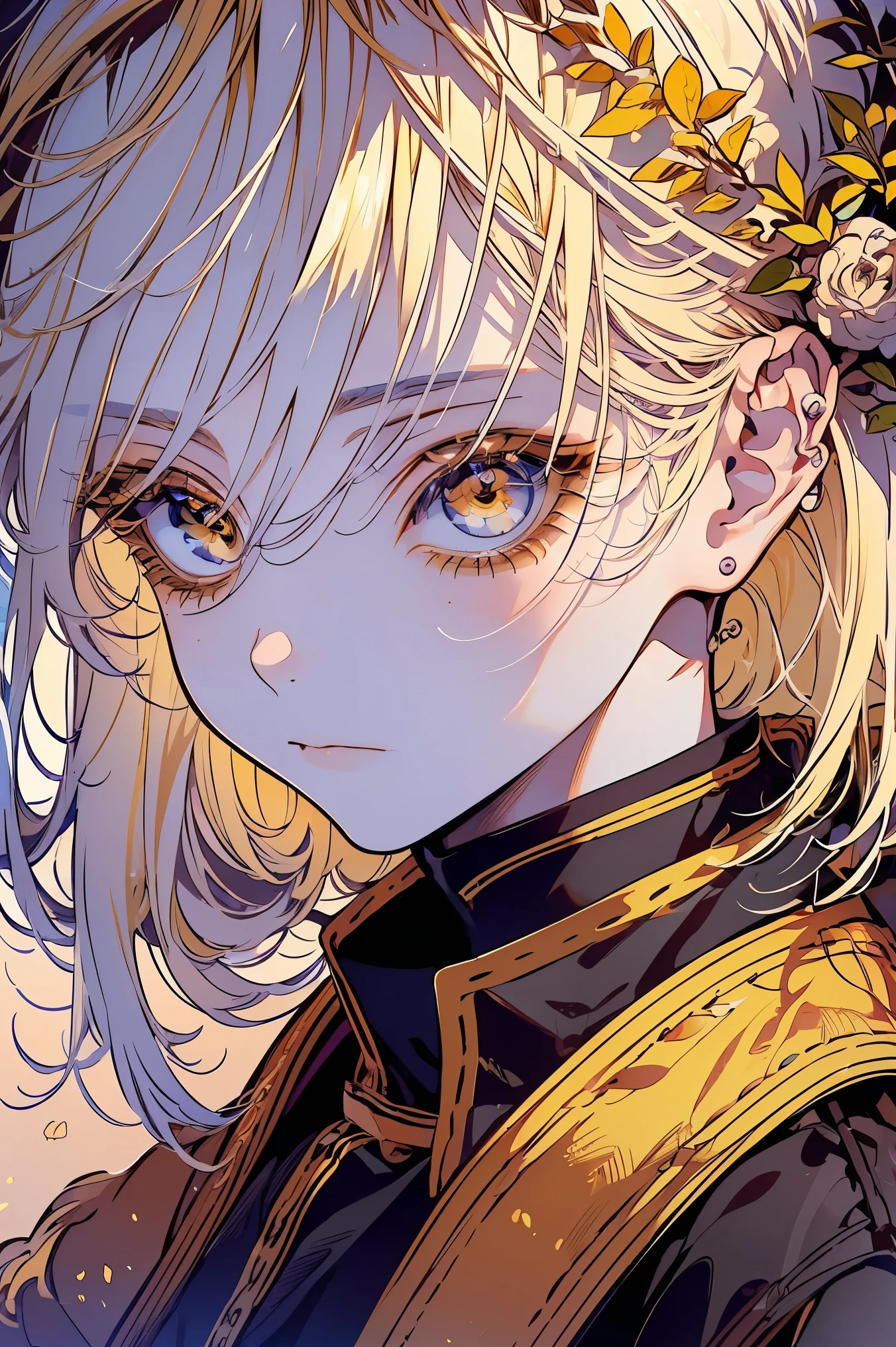 (Mastepiece), (Best Quality), Very detailed, 1 boy, Solo Shooting, Perfect Face, Beautiful Face, Very detailed顔，(Blonde:1.3)，(Big eyes:1.4)，(Long eyelashes:1.4)、(Golden Eyes:1.3)、Lots of flowers