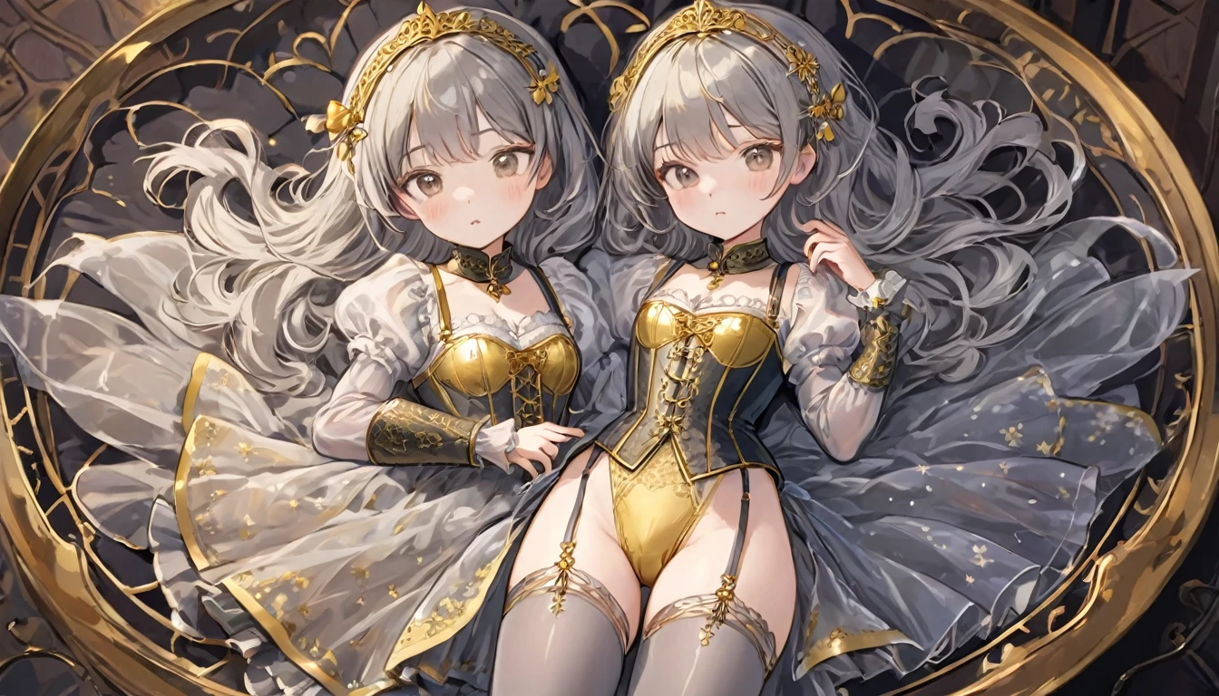 8 year old medieval girl, 1people、In underwear、Gold and silver thread embroidery、Translucent underwear drawers that reach below the knee(bloomers)Wearing、Wearing a semi-transparent corset、Translucent slip, Grey translucent tights、sleep
