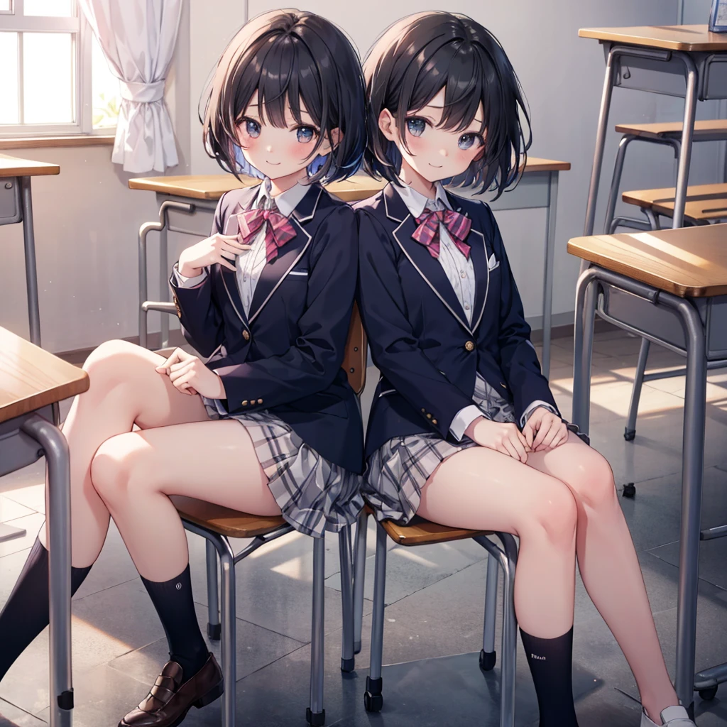 (masterpiece, 4K resolution, Super realistic, very detailed), girl、、12 years old、blazer、sit on a chair、classroom、Holding pink panties with both hands、smile、black hair、bob cut、