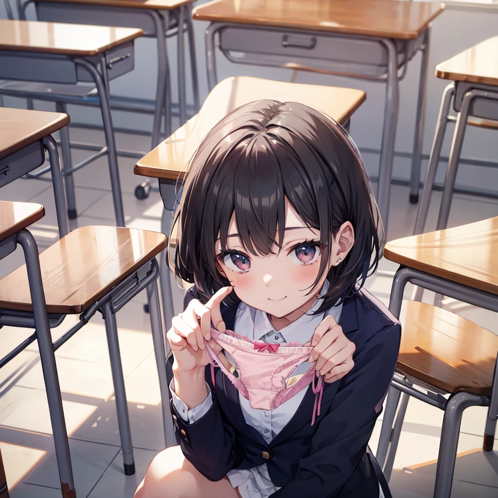 (masterpiece, 4K resolution, Super realistic, very detailed), girl、、************、blazer、sit on a chair、classroom、Holding pink panties with both hands、smile、black hair、bob cut、