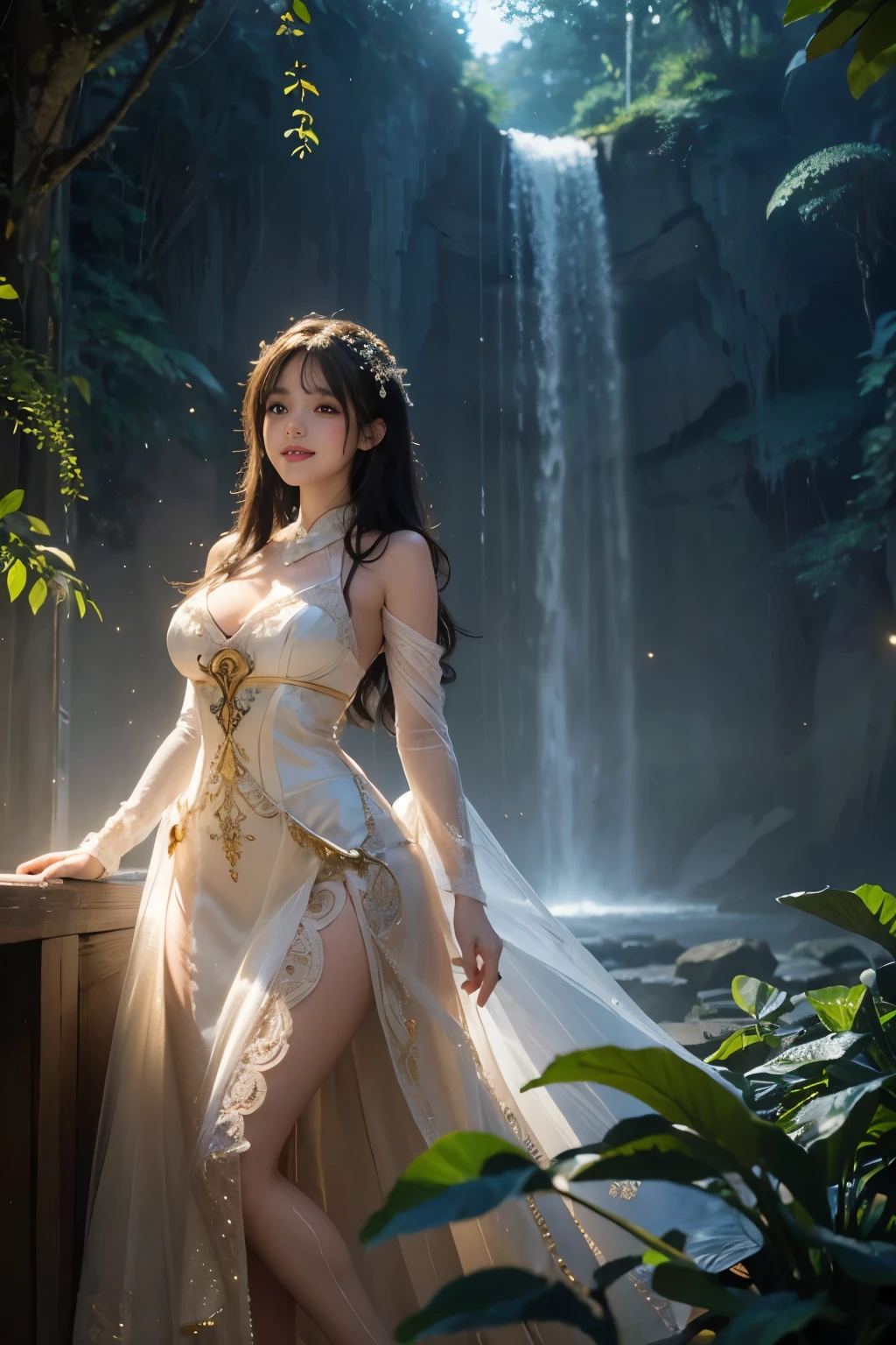 (Masterpiece:1.2), best quality, (illustration:1.2), (ultra-detailed), hyper details, (delicate detailed), (intricate details), (cinematic light, best quality Backlights), clear line, from below, soloist, soft lights, ethereal, magical looking, a candid looking girl with soft curly black hair, brown eyes, Rainforest, fairytale, full body, perfect body, big breasts, magical, light particles, fireflies, cute smile