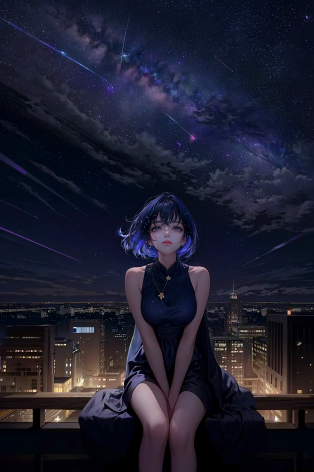 1girl,solo,cool,brilliant eye,outdoor,building,rooftop,sitting, look up at the sky,faw away,at night,octans,starry sky,milky way, fanxing ,city view,