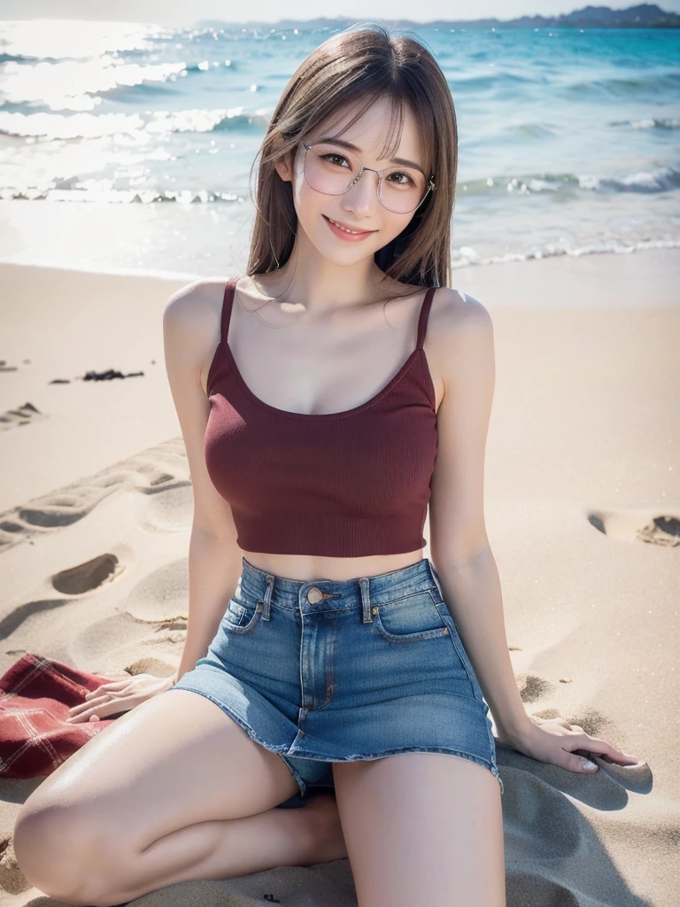 Beautiful young girl，Face lighting，最high quality， ((((Very smiling，White tank top，Denim mini skirt，Beautiful feet，sitting on the beach，Ocean)))，非常にBeautiful detailsな顔, (Slender body:1.4), (Detailed face:1.2), Conceptual Art, high quality, Realistic, Very detailed CG 統合 8k 壁紙, Very detailed, High resolution raw color photos, Professional photography, Cinematic Light, Beautiful details, Super detailed, Advanced Details, Depth of written boundary, Super stylish lighting, (Beautiful small chest:1.2), Smooth and flawless skin, Expressive and captivating eyes, Well-defined facial features, A perfectly balanced face, Fine Details and Realistic Textures，Blurred Background、Glasses with narrow frames