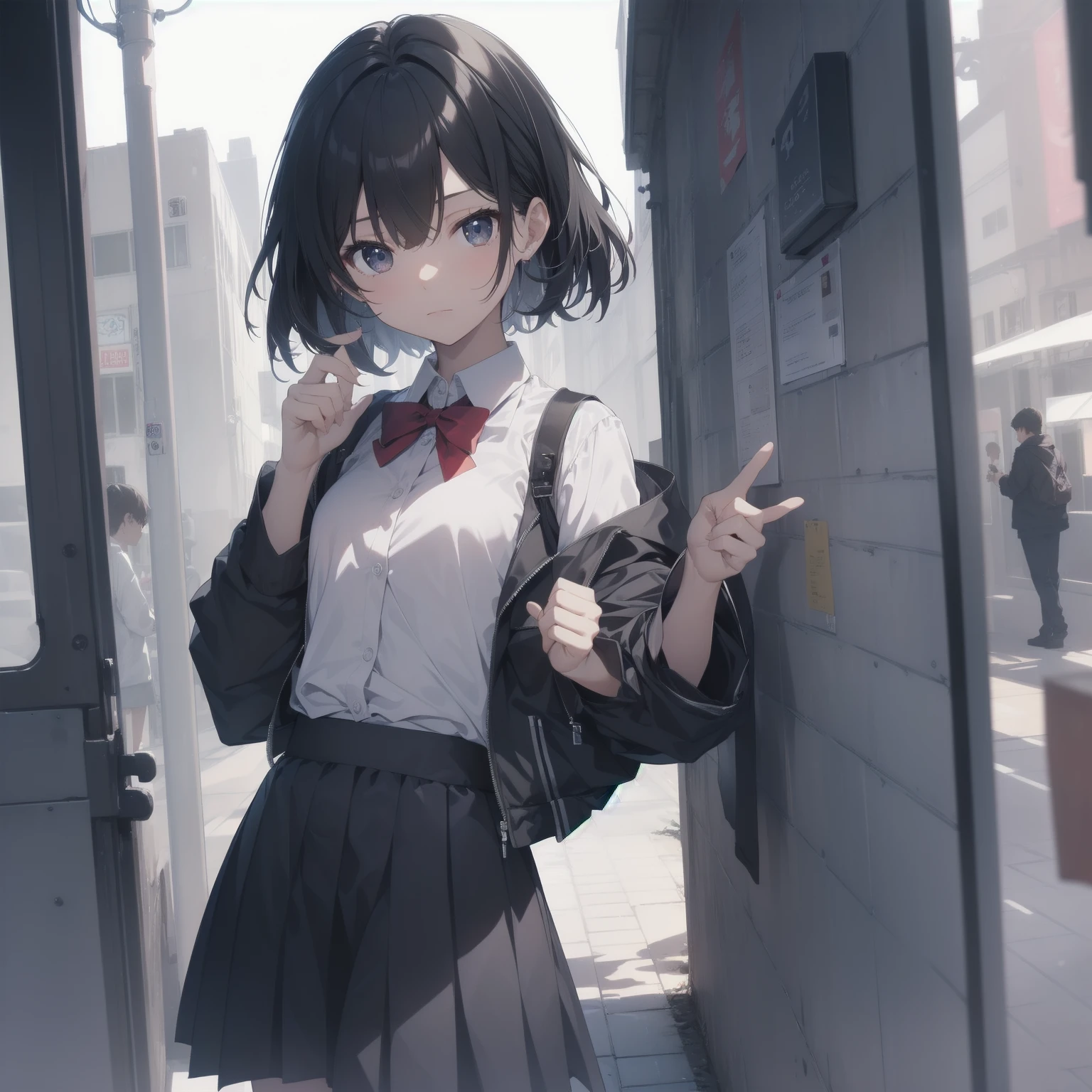 ultra-absurdres-Top quality by artist God, ultra-detailed, high resolution, anime moe artstyle, best anime 8k konachan wallpaper, pixiv contest winner, pool:2810, perfect anatomy,break, 1girl, (Please draw a girl walking sleepily to school alone. )break,(Solo,little female, 13-year-old:1.3),Full limbs, complete fingers,a junior high school student, (very short hair), short cut, flat chest, , small butt, small black eyes, beautiful detailed eyes, well-proportioned iris and pupils, expressive eyes, highres detailed hair, soft expression, salor school_uniform, sailor collar, serahuku, bow, pleated skirt,(Detailed Lighting), (Detailed background), in the School commute route. break,super detailed skin, Best cinematic lighting powered by famous artist, 8k,beauty illustration,photoshop_(medium),very aesthetic,break,((artist:wa_(genryusui) )), artist:clamp ,artist:carnelian ,artist:kantoku ,