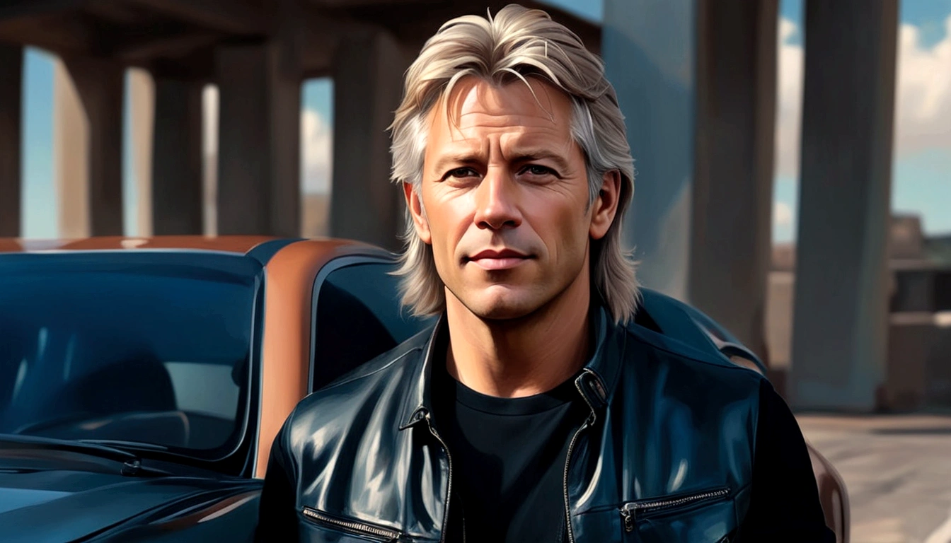 Imagem de um homem com uma jaquetalineker a man resembling the singer jon bom jovi, with light hair, brown eyes, sitting on the sofa in his home de couro ao lado de um carro, realistic digital painting, portrait of the art work of martin ansin, high-quality digital painting, photorealistic digital painting, Realistic digital artwork, in the style of digital painting, James Gurney&#39;s painting style, blessed waters in wlop style, realistic digital illustration, stunning digital painting, cute digital painting