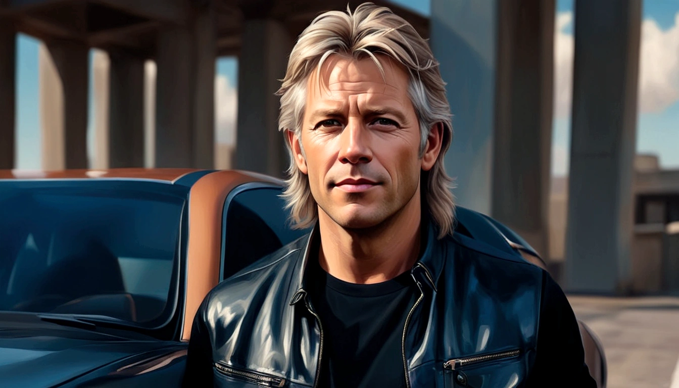 Imagem de um homem com uma jaquetalineker a man resembling the singer jon bom jovi, with light hair, brown eyes, sitting on the sofa in his home de couro ao lado de um carro, realistic digital painting, portrait of the art work of martin ansin, high-quality digital painting, photorealistic digital painting, Realistic digital artwork, in the style of digital painting, James Gurney's painting style, blessed waters in wlop style, realistic digital illustration, stunning digital painting, cute digital painting